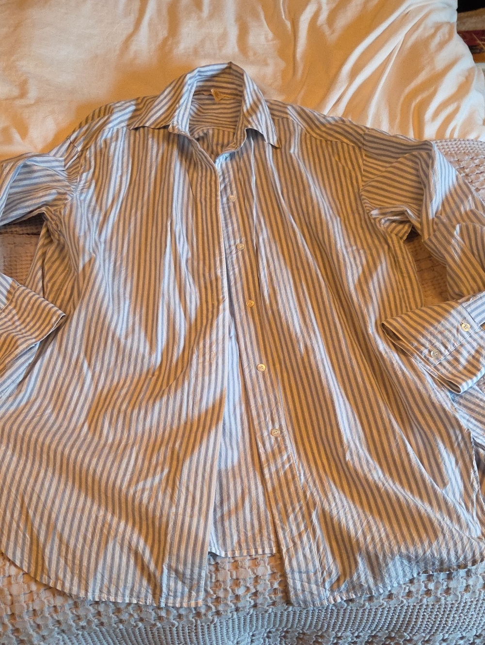 Blue and White Oversized Striped Button-Up Shirt Med